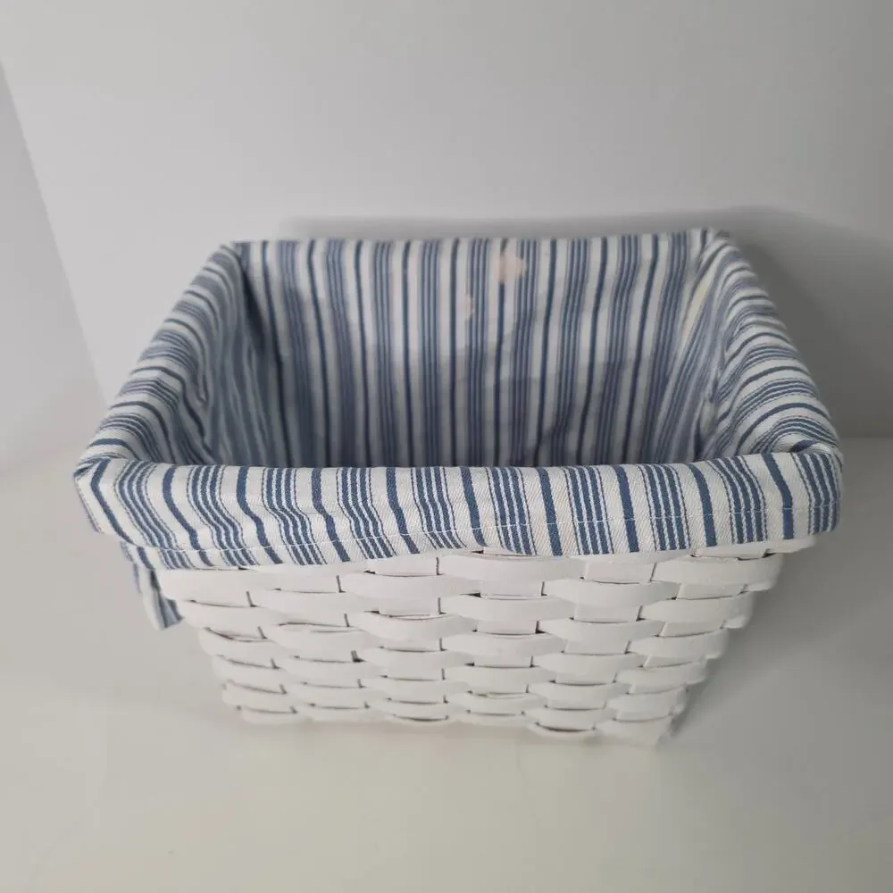 White Woven Storage Basket Blue White Stripe Fabric Liner Farmhouse Organizer